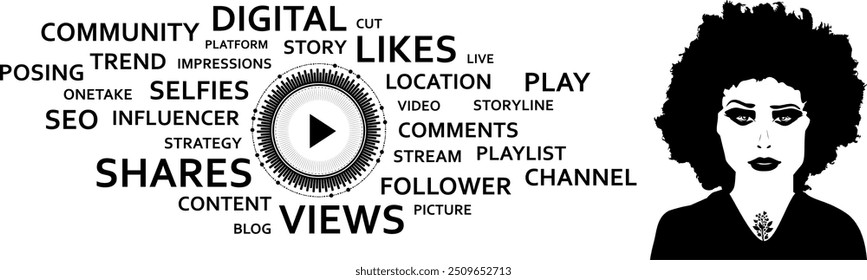 Vector silhouette design element - Media consumption in today's world - Word cloud with play button - Digital and social media