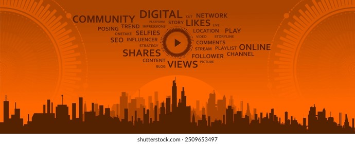 Vector silhouette design element - Media consumption in today's world - Word cloud with play button - Digital and social media - communication