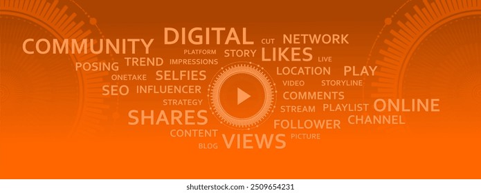 Vector silhouette design element - Media consumption in today's world - Word cloud with play button - Digital and social media - communication with impact