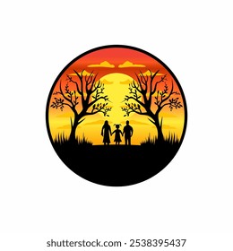 Diseño de Ilustración vectorial de una vista de la puesta del sol de la tarde acercándose a la noche, cielo anaranjado con siluetas de una familia Pequeña, madre, hijo y padre de pie.