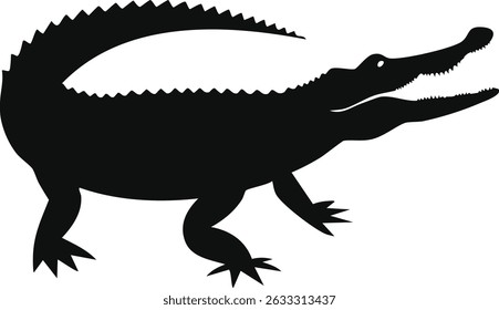 Vector Silhouette Design of a Full Black Alligator or Crocodile in Minimalist Style – Simple Reptile Graphic Illustration on White Background