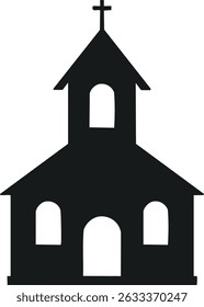 Vector Silhouette Design of a Gothic Church or Cathedral with a Tall Steeple in Minimalist Black and White Style for Religious and Architectural Themes