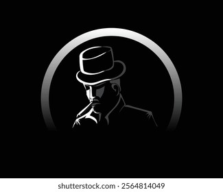 vector silhouette design of a man wearing a hat smoking a cigar on a black background, similar to a mafia boss or businessman