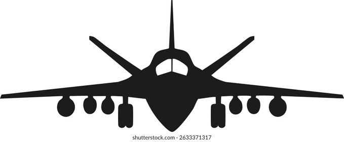 Diseño de silueta de Vector de un avión de combate moderno con forma aerodinámica elegante, ángulos agudos y contorno negro audaz sobre fondo blanco