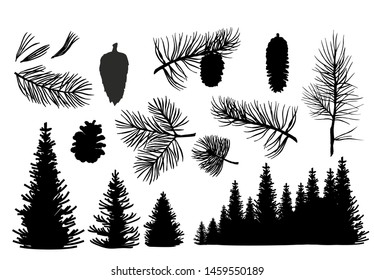 Vector silhouette of detailed Spruce forest. Silhouettes of spruce branches and cones. Set. New Year and Christmas decoration.
