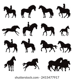 Silueta vectorial de diferentes personas montando caballos sobre fondo blanco. Símbolo de equitación y animal.