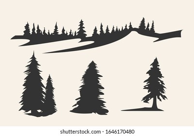 Vector silhouette of different pine trees. Can be used as poster, badge, emblem, banner, icon, sign, decor...