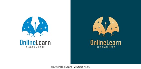 Vector silhouette of a dip pen on clouds, education logo, online school