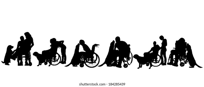 Vector silhouette of disabled people with a dog on a white background.