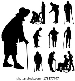 Vector silhouette of disabled people on a white background. 