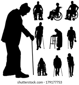 Vector silhouette of disabled people on a white background. 