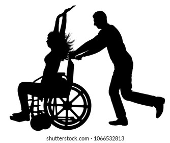 Vector silhouette disabled woman in a wheelchair is having fun with a man. The concept of the way of life of people with disabilities