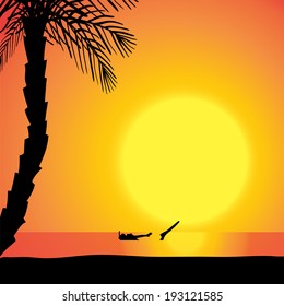 Vector silhouette of diver in the ocean at sunset.