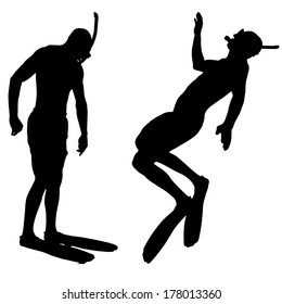 Vector silhouette of a diver on a white background. 