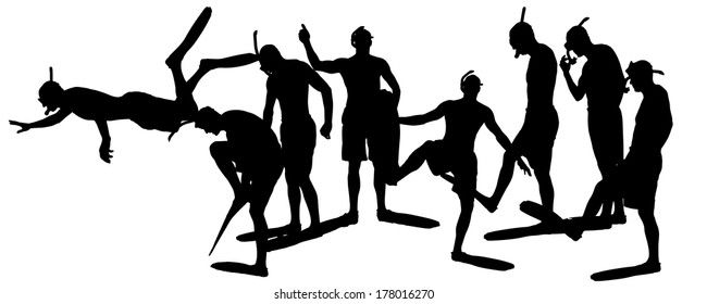 Vector silhouette of a diver on a white background. 