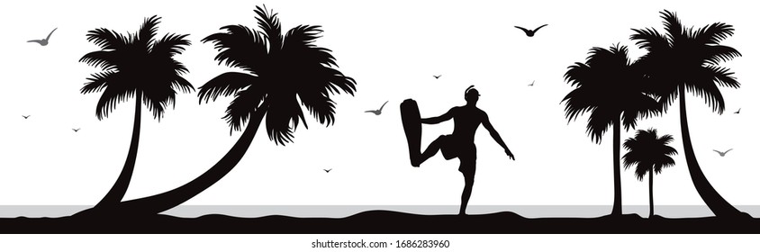 Vector silhouette of divers on palm beach on white background. Symbol of nature and sport.
