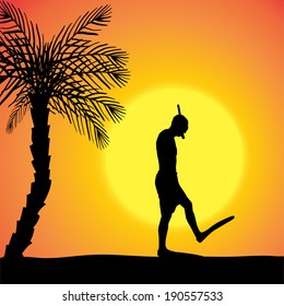 Vector silhouette of a divers at sunset.