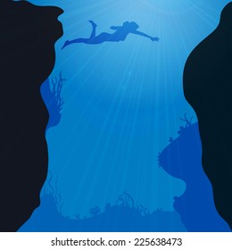 Vector silhouette of divers under the sea.