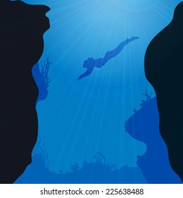 Vector silhouette of divers under the sea.