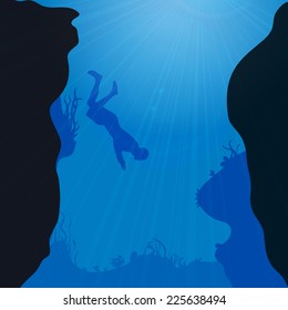 Vector silhouette of divers under the sea.