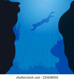 Vector silhouette of divers under the sea.