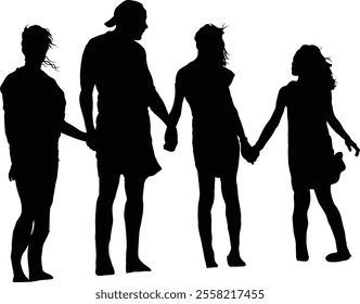 Vector silhouette of a diverse family holding hands, illustrating unity on a transparent background.