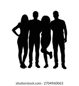 Silueta de Vector de un grupo diverso de adultos jóvenes (dos hombres, dos mujeres) de pie juntos. Ilustra la amistad, la unidad y los Enlaces sociales.