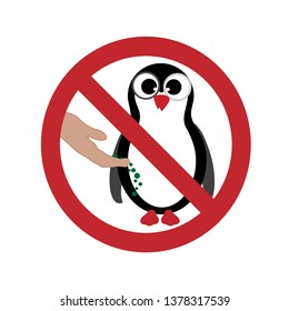 Vector silhouette of do not feed the penguin ban mark on a white background. Symbol of animal,warning.