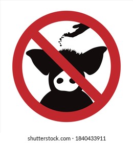 Silueta vectorial de no alimentar la marca de cerdo sobre fondo blanco. Símbolo de prohibición con animal.