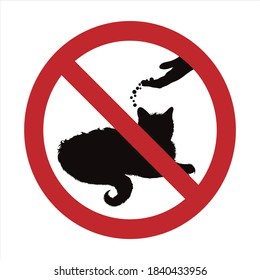 Vector silhouette of do not feeding cat mark on white background. Symbol of prohibition with animal.