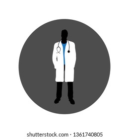 Vector silhouette of doctor with coat and stethoscope on gray background. Symbol of healthy and hospital.