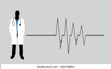 Vector silhouette of doctor with coat and stethoscope on white background. Symbol of healthy and hospital. Cardiology rhythm.
