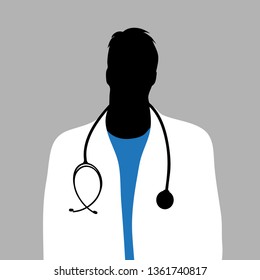 Vector silhouette of doctor with coat and stethoscope on gray background. Symbol of healthy and hospital.