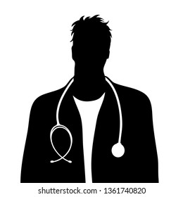 Vector silhouette of doctor with coat and stethoscope on white background. Symbol of healthy and hospital.