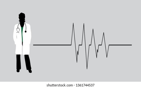 Vector silhouette of doctor with coat and stethoscope on white background. Symbol of healthy and hospital. Cardiology rhythm.