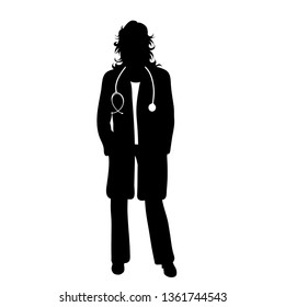 Vector silhouette of doctor with coat and stethoscope on white background. Symbol of healthy and hospital.
