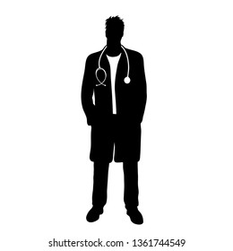 Vector silhouette of doctor with coat and stethoscope on white background. Symbol of healthy and hospital.