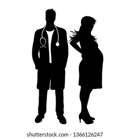 Vector silhouette of doctor gynecologist with patient on white background. Symbol of healthy and hospital. Pregnant woman.