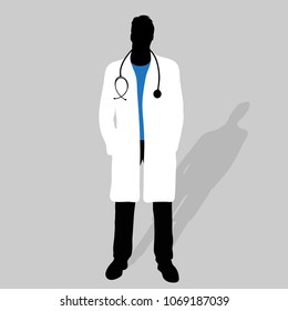 Vector silhouette of doctor on gray background.