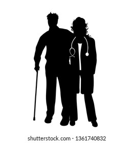 Vector silhouette of doctor with patient on white background. Symbol of healthy and hospital. Man with stick.