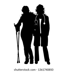 Vector silhouette of doctor with patient on white background. Symbol of healthy and hospital. Woman with crutches.