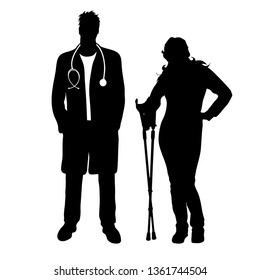 Vector silhouette of doctor with patient on white background. Symbol of healthy and hospital. Woman with crutches.