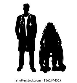 Vector silhouette of doctor with patient on white background. Symbol of healthy and hospital. Woman sit on the wheelchair.