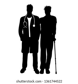 Vector silhouette of doctor with patient on white background. Symbol of healthy and hospital. Man with crutches.