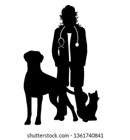 Vector silhouette of doctor veterinary with patient dog and cat on white background. Symbol of healthy and hospital.