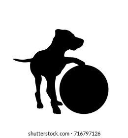 Vector silhouette of dog with ball on white background.