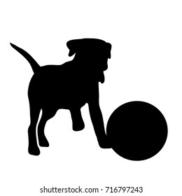 Vector silhouette of dog with ball on white background.