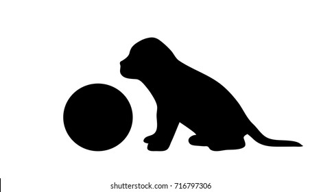 Vector silhouette of dog with ball on white background.