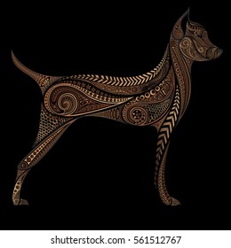 Vector silhouette of a dog of the beautiful patterns on a black background