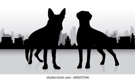 Vector silhouette of dog in big town.